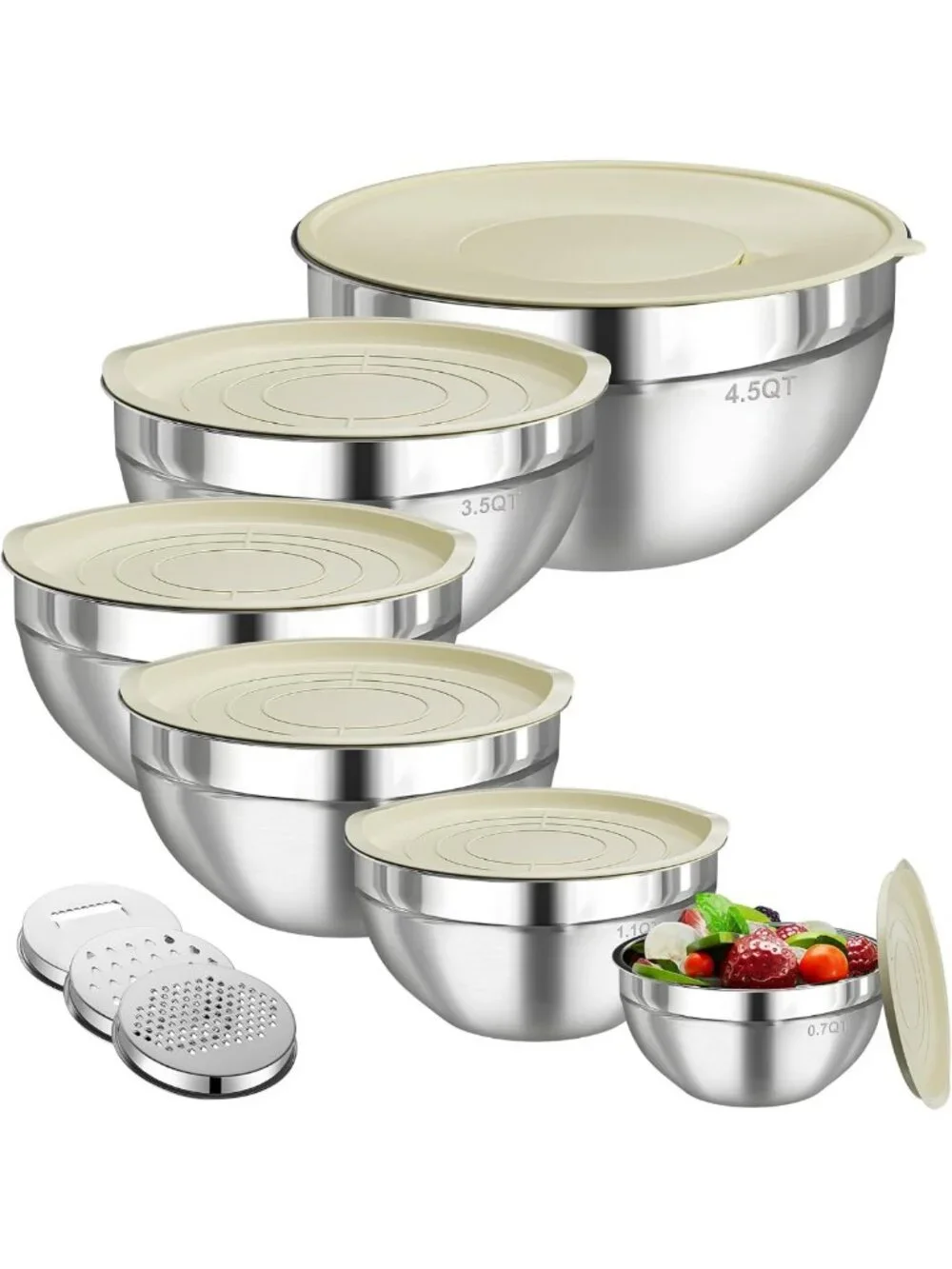 6-Piece Stainless Steel Mixing Bowls Set with Lids & Grater Attachments, Nesting